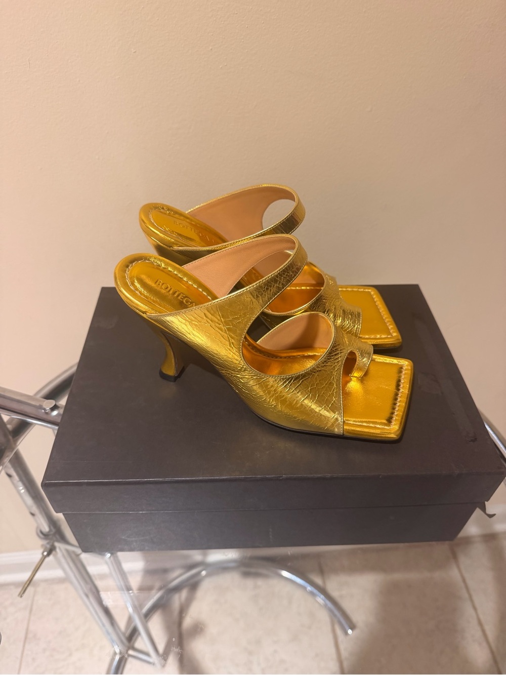 Bottega Veneta Metallic Gold Square-Toe Slide Heels - Picture 6 of 6